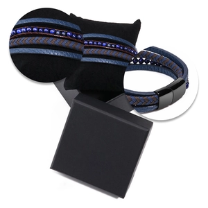 Blue tiger eye natural stone and leather multi-layer bracelet for men with magnetic clasp