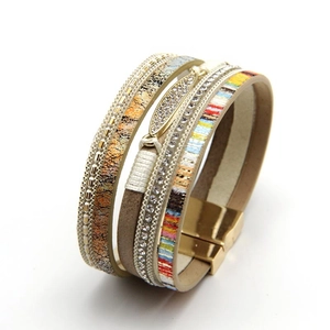 Multilayer bohemian wrap bracelet with rhinestone leaf charms and magnetic clasp