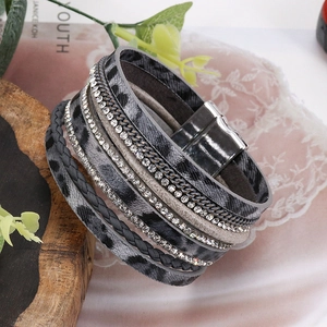 Multilayer leopard print leather bracelet with crystal rhinestones and magnetic clasp