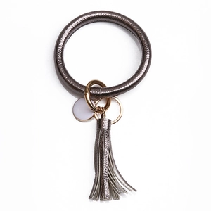 Fashion PU leather tassel bangle keychain with gold metal ring and white round charm