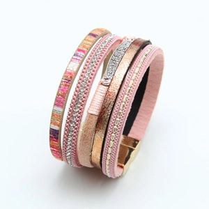 Pink bohemian multilayer wrap bracelet with leather strands, rhinestones and magnetic clasp