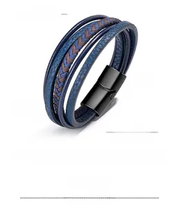 Detail of leather multi-layer woven bracelet with matte magnetic alloy clasp and 21cm length