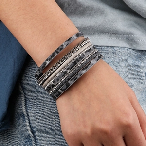 Bohemian multi-layer leopard print leather wrap bracelet with rhinestone and metal chains