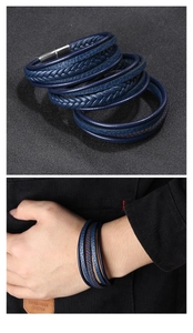 Detail of blue multi-layer braided leather men's bracelet with silver magnetic metal clasp