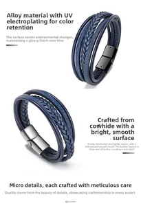 Detail of multi-layer genuine leather bracelets with magnetic alloy clasps in blue