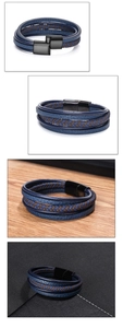 Detailed macro view of triple-layer navy braided leather bracelet with black magnetic clasp