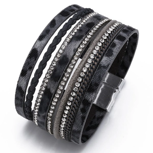 Bohemian multilayer wrap bracelet featuring leopard print leather, rhinestones, and magnetic clasp