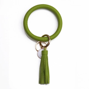 Porte-clés anneau en cuir PU vert herbe avec gland et anneau en métal doré élégant
