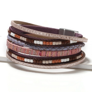 Bohemian multi-layer purple leather wrap bracelet with colorful beads and magnetic clasp