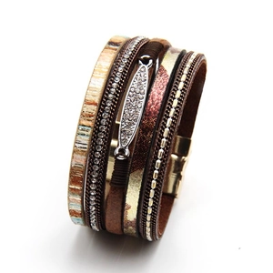 Multilayer bohemian braided leather wrap bracelet with crystal accents and magnetic clasp