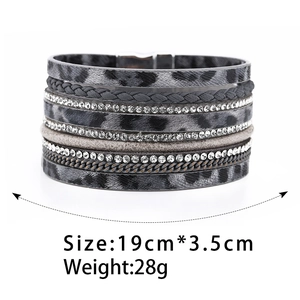 Detail view of Bohemian multilayer leopard print leather bracelet with magnetic clasp
