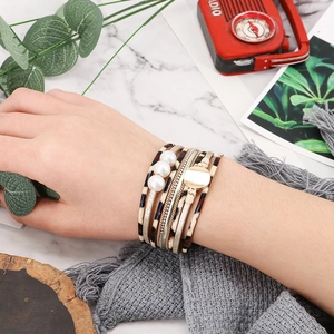 Bohemian multilayer wrap bracelet with leopard leather, gold chain and white pearls