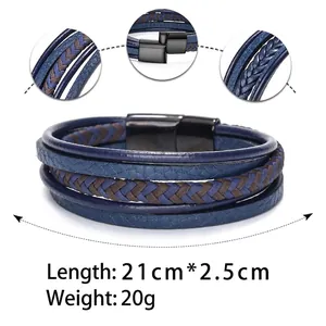 Men's multilayer braided leather bracelet with magnetic metal clasp and detailed macro views