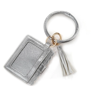 Silver PU leather card holder keychain with wristlet ring and matching tassel details