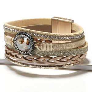 Bohemian multi-layer wrap bracelet with natural crystals and sparkling rhinestone details
