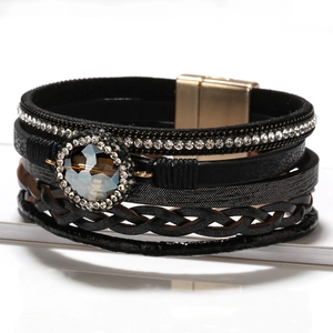 Multilayer braided leather bracelet with large crystal and magnetic gold clasp