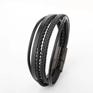 Men's Multi Layer Braided Leather Bracelet With Stainless Steel Magnetic Clasp Titanium Steel Beads Punk Wristband Jewelry