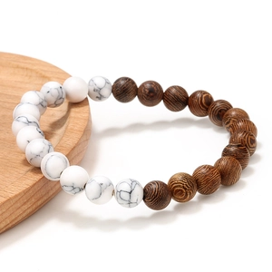 8mm natural wood and white turquoise stone bead yoga bracelet for men and women
