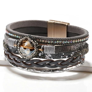Multilayer bohemian grey leather wrap bracelet with crystal and magnetic gold clasp