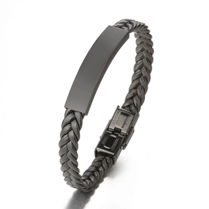 Bracelet vintage en cuir tressé noir pour homme avec plaque en acier inoxydable mat