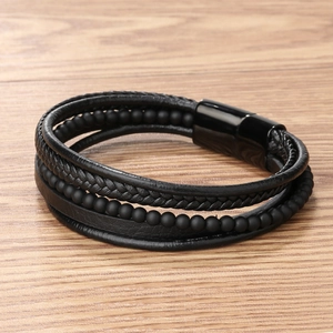 Men's multilayer black leather braided bracelet with frosted beads and magnetic clasp