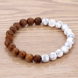 Handmade 8mm natural wood and white marble stone bead bracelet for yoga and meditation