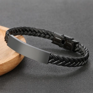 Bracelet vintage pour hommes en cuir tressé noir avec fermoir mat en acier inoxydable