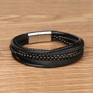 Men's multilayer black leather braided bracelet with beads and magnetic steel clasp