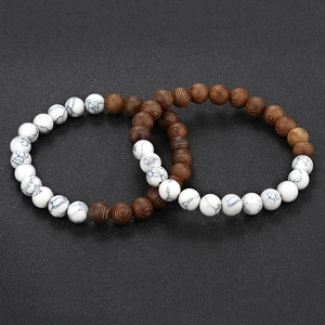 Handmade 8mm natural wood and white marble bead stretch bracelets for yoga lovers