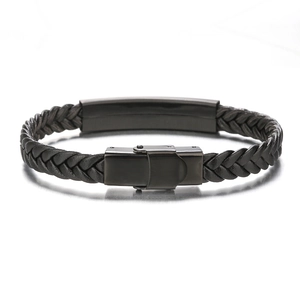 Bracelet vintage en cuir tressé noir pour homme avec fermoir en acier inoxydable noir
