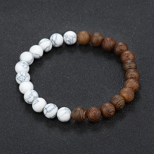 8mm natural wood and white marble stone beads yoga bracelet for men and women