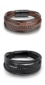 Détail de bracelets en cuir tressé multicouche avec fermoir magnétique en métal noir