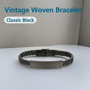 Bracelet en Cuir Tressé Vintage Avec Plaque en Acier Inoxydable Noir Homme Bracelet Bijoux Accessoires Mode Rétro Quotidien