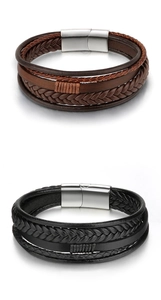Vue détaillée de bracelets en cuir tressé multicouches marron et noir avec fermoirs magnétiques