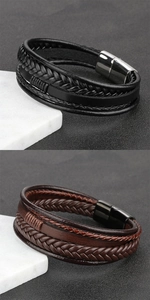 Détail du bracelet multicouche en cuir tressé pour homme avec fermoir magnétique