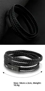 Detail showing multilayer braided leather bracelet specs: 58cm length and magnetic clasp