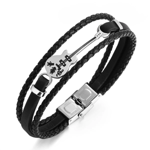 Bracelet en Cuir Guitare Homme Punk Multicouche Tissé Bracelet Acier Inoxydable Fermoir Magnétique Bijoux Style Biker