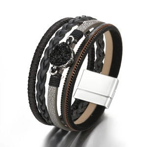 Detail view of multi-layer leather bracelet with black druzy stone and magnetic clasp