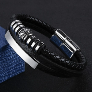 Men's multi-layer braided black leather bracelet with silver stainless steel magnetic clasp