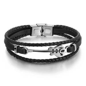 Bracelet multicouche en cuir noir pour homme avec pendentif guitare en argent et fermoir