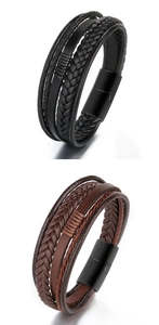 Détail du bracelet multicouche en cuir tressé avec fermoir magnétique noir mat