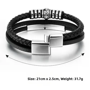 Men's woven leather bracelet with stainless steel magnetic clasp and metal rings