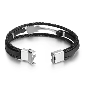 Bracelet punk multicouche en cuir noir pour homme avec breloque guitare argentée