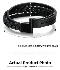 Detail of multi-layer braided leather bracelet for men with matte black magnetic clasp