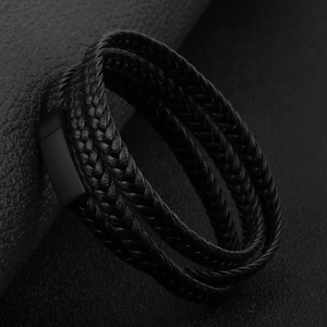 Multilayer hand-woven black leather bracelet with magnetic stainless steel clasp