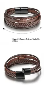 Vue détaillée du bracelet en cuir tressé marron avec dimensions et fermoir magnétique