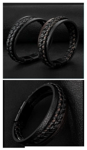 Close-up of woven multilayer leather bracelet for men with textured metallic magnetic clasp