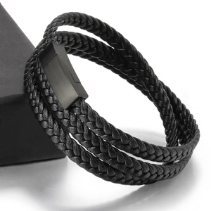 Men's multi-layer braided leather bracelet with black matte magnetic buckle and gift box