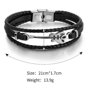 Bracelet punk multicouche en cuir noir pour homme avec breloque guitare et fermoir acier