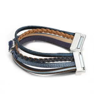 Detail view of multi-layer leather braided bracelet with blue druzy stone and magnetic clasp